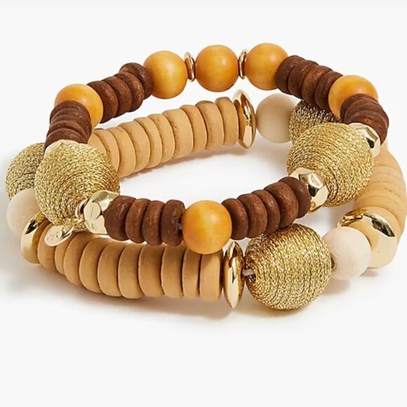 J. Crew Jewelry - J. Crew Wrapped Wooden Beaded Bracelets Set, Boho Chic, Gold Brown